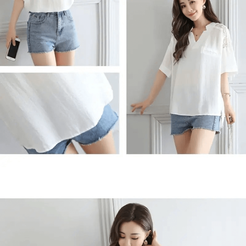 Hollow Out V-Neck Cotton Top  Women’s Design Daily All-match Loose Blouse Womens plus size Korean Style Elegant Office Ladies Casual Summer Fashion Top Classic Tops Short sleeves Blouses for Woman in white