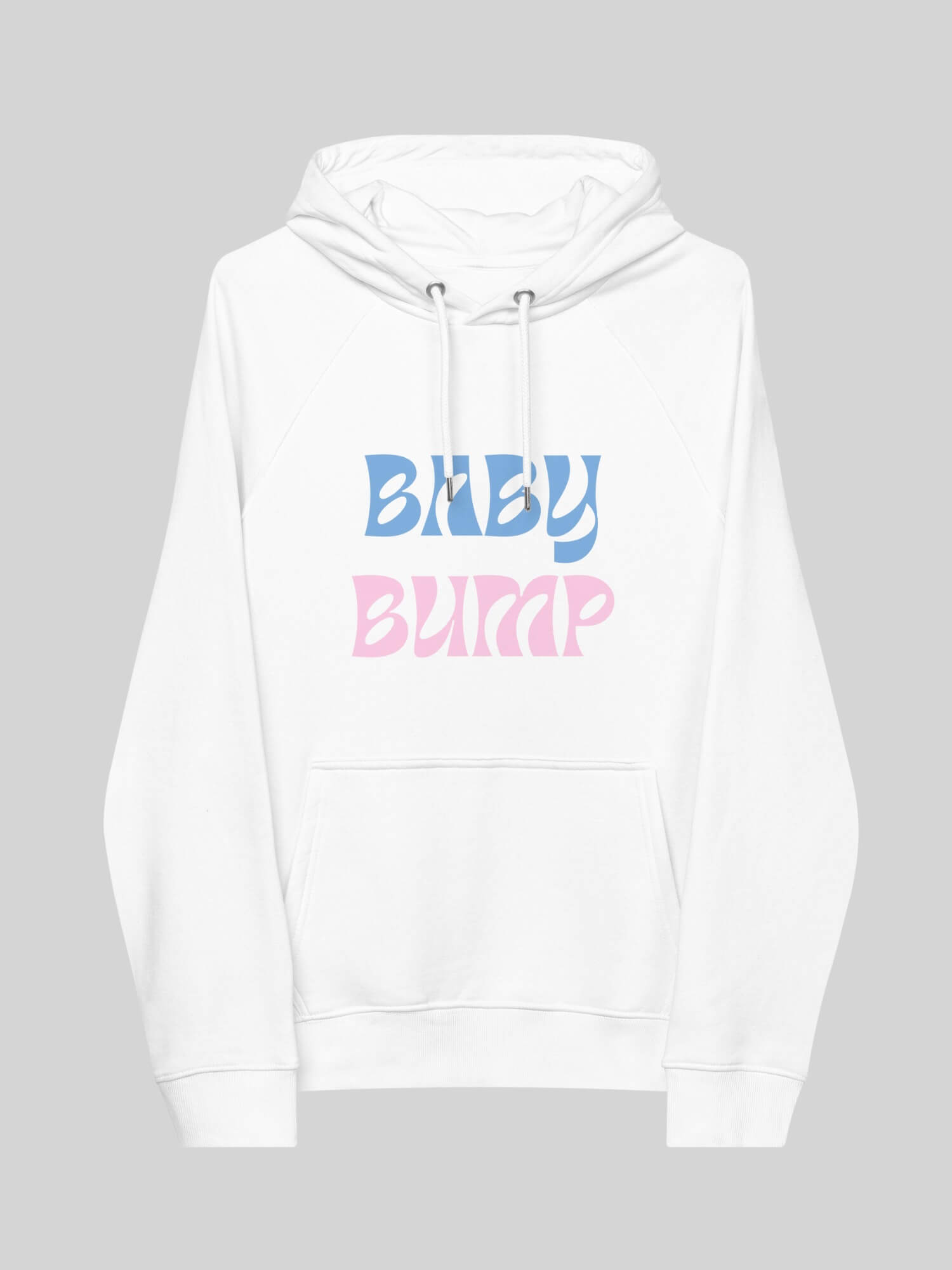 Maternity Eco Raglan Hoodie Women’s long sleeves kangaroo kanga pouch pocket hooded neckline with drawcords fitness gym Sweatshirt for woman in white with baby light blue pink BABY BUMP letter logo design Womens everyday use petite-  tall-, plus-, size activewear sportswear sweatshirts hoodies