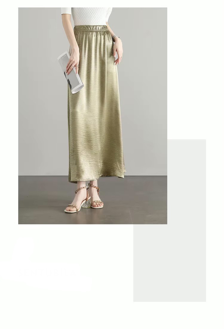 Glossy Simulated Silk Long Skirt   Women’s Fall Autumn solid high rise elastic waist empire waistline straight-cut skirts for woman in shiny gold color Womens ankle-length polyester no-stretch loose fit fashion clothing