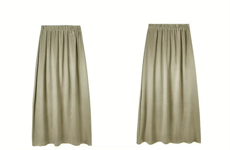 Glossy Simulated Silk Long Skirt   Women’s Fall Autumn solid high rise elastic waist empire waistline straight-cut skirts for woman in shiny gold color Womens ankle-length polyester no-stretch loose fit fashion clothing