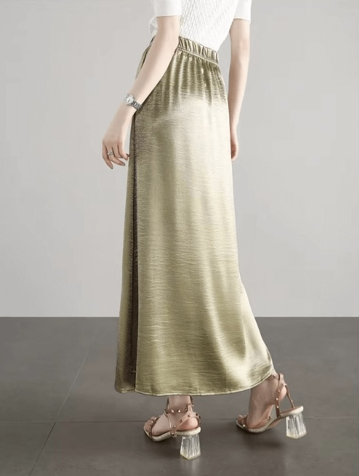 Glossy Simulated Silk Long Skirt   Women’s Fall Autumn solid high rise elastic waist empire waistline straight-cut skirts for woman in shiny gold color Womens ankle-length polyester no-stretch loose fit fashion clothing