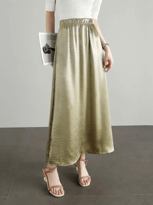 Glossy Simulated Silk Long Skirt   Women’s Fall Autumn solid high rise elastic waist empire waistline straight-cut skirts for woman in shiny gold color Womens ankle-length polyester no-stretch loose fit fashion clothing