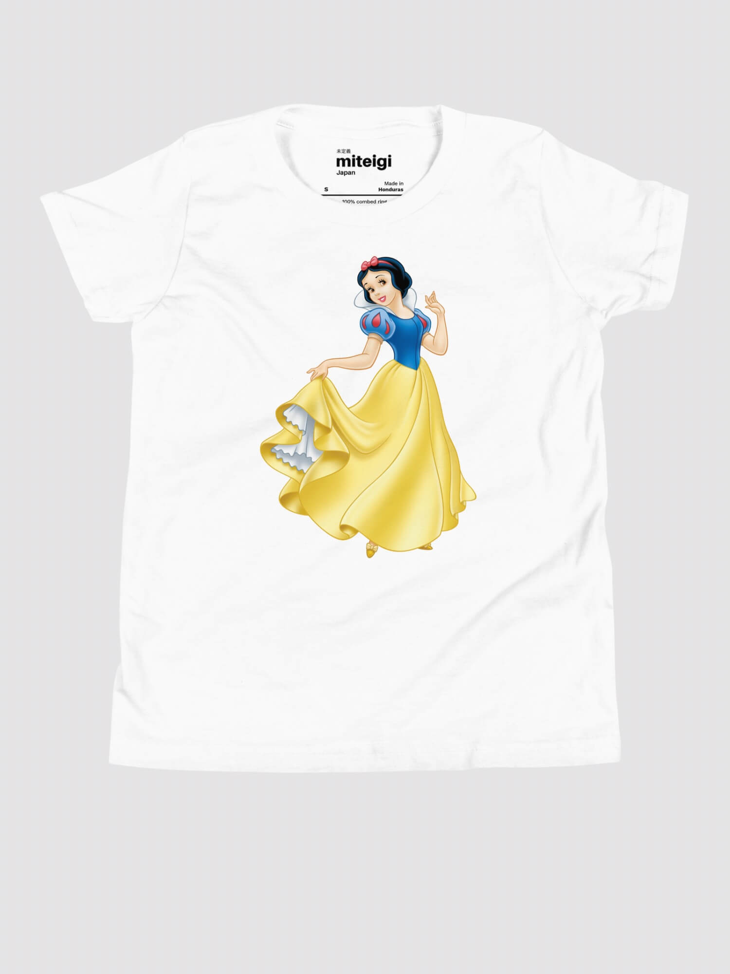 Kids Graphic T-Shirt  Girls Disney “Snow White” Princess in blue yellow ballgown dress short sleeves crewneck T-shirts for girl in white Children’s round crew neck Tees Princesses O-neck tops