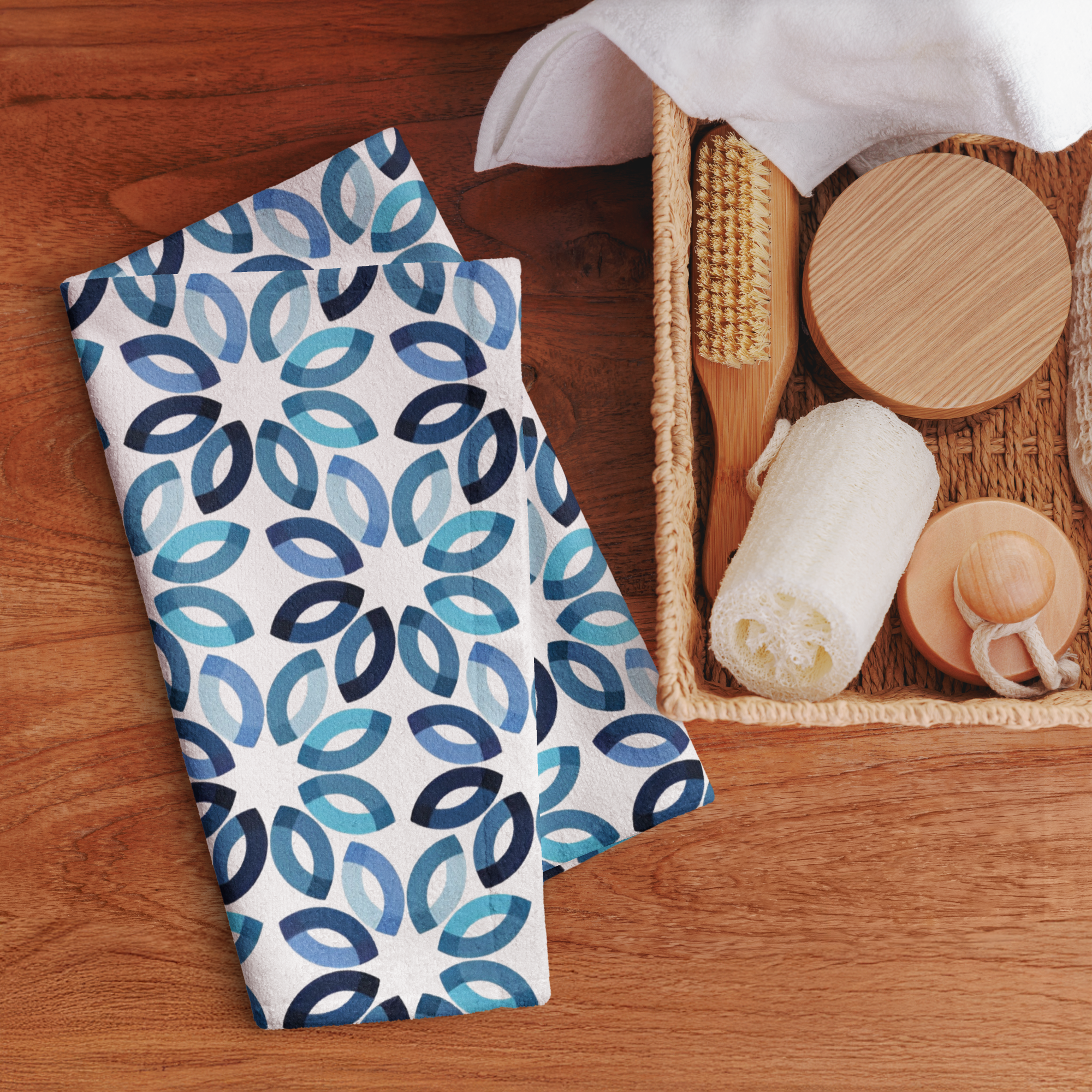 Traditional Japanese design pattern Hand Towel Bathroom beach holiday getaway vacation outdoors towels in geometric blue with white