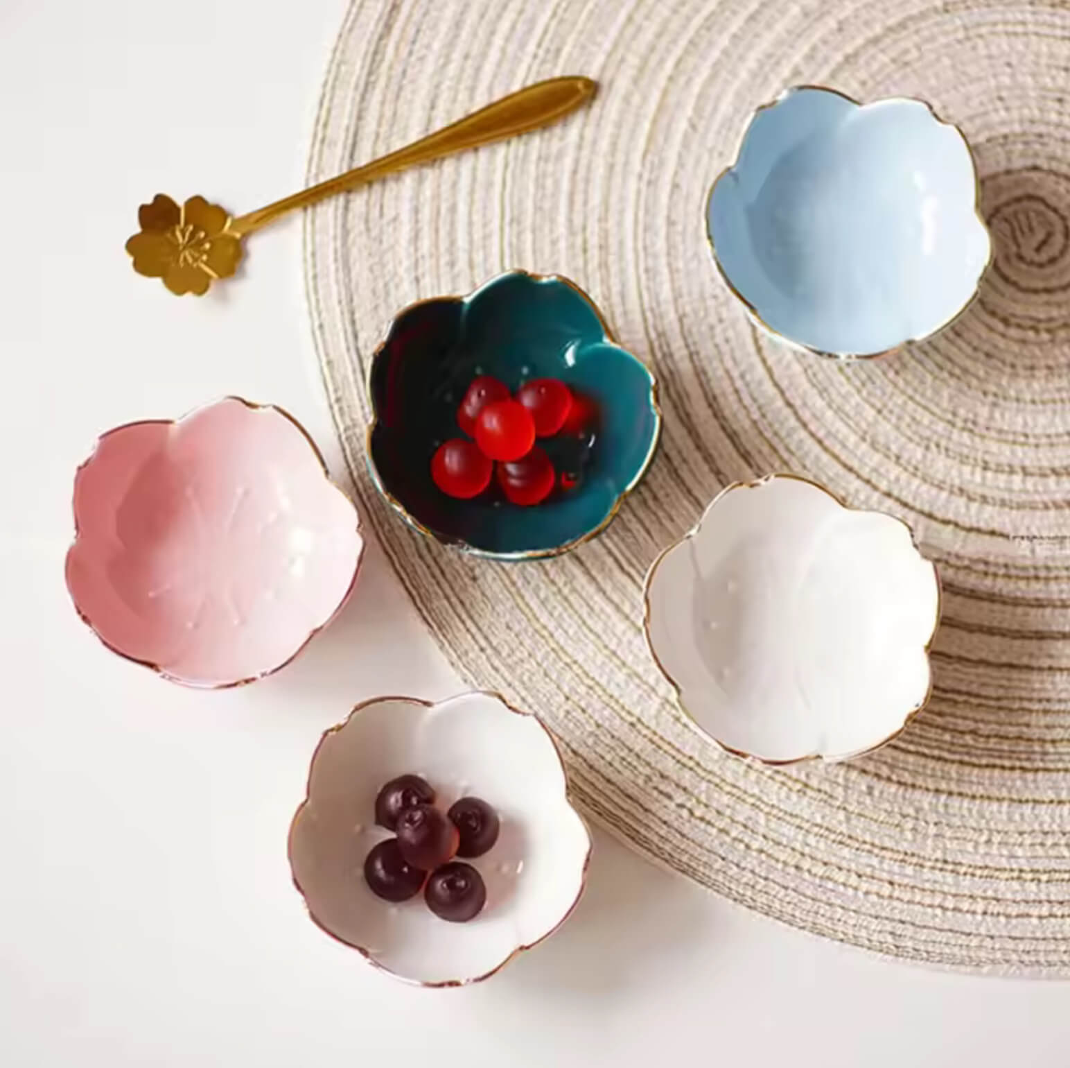 Sakura Ceramic Taste Dish  1Pc Sakura Flower Shape Porcelain Nut Saucer Small Plate Mini Soy Sauce Seasoning Tableware Kitchen appetizer serveware floral design shaped dishes Plates supplies 1-Piece in pink, light cyan blue, white, emerald green