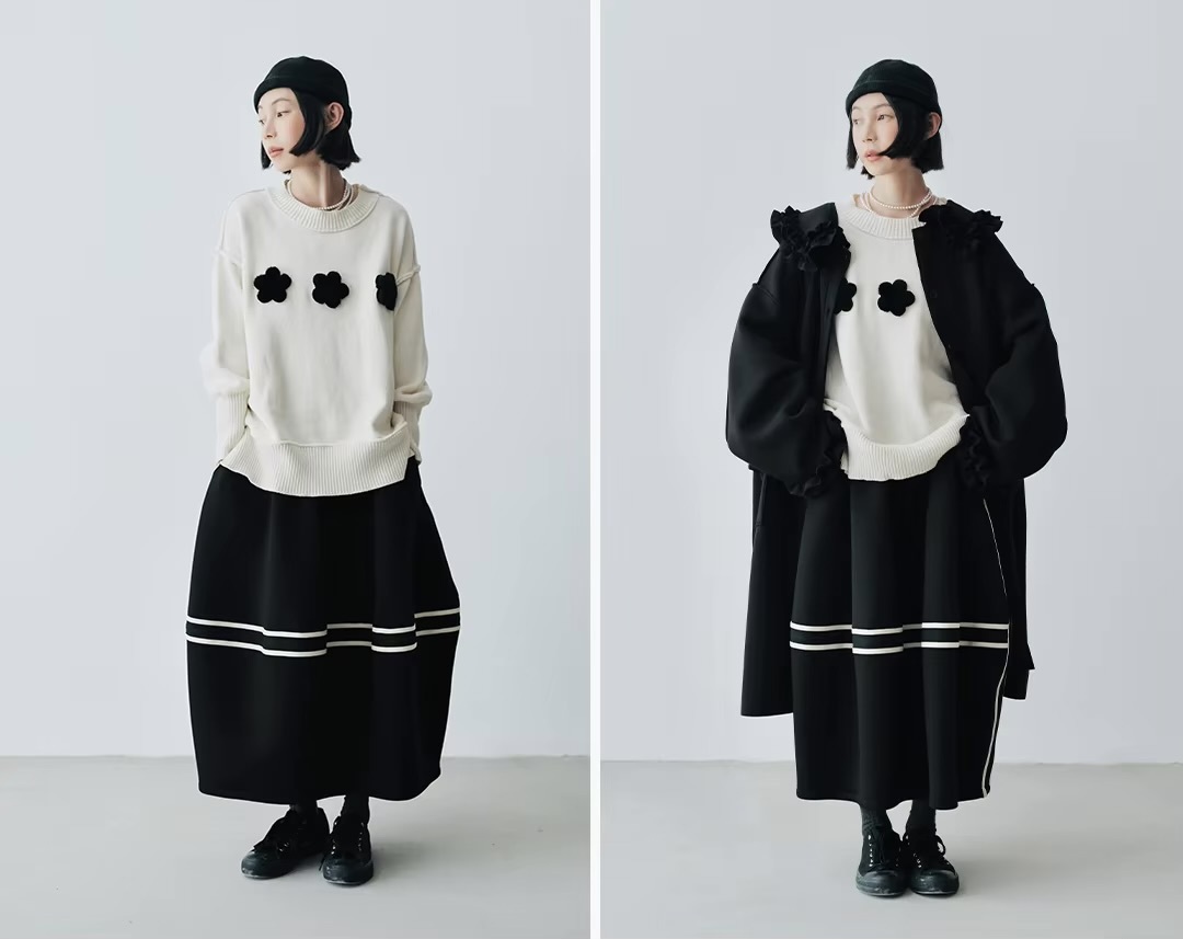 Japanese Plush Floral Sweater    Women’s black flower petal design versatile ribbed boatneck pullover round o-neck sweaters for woman in white Crewneck pullovers Fall autumn spring original Womens crew neck tops World’s Undefined #244796