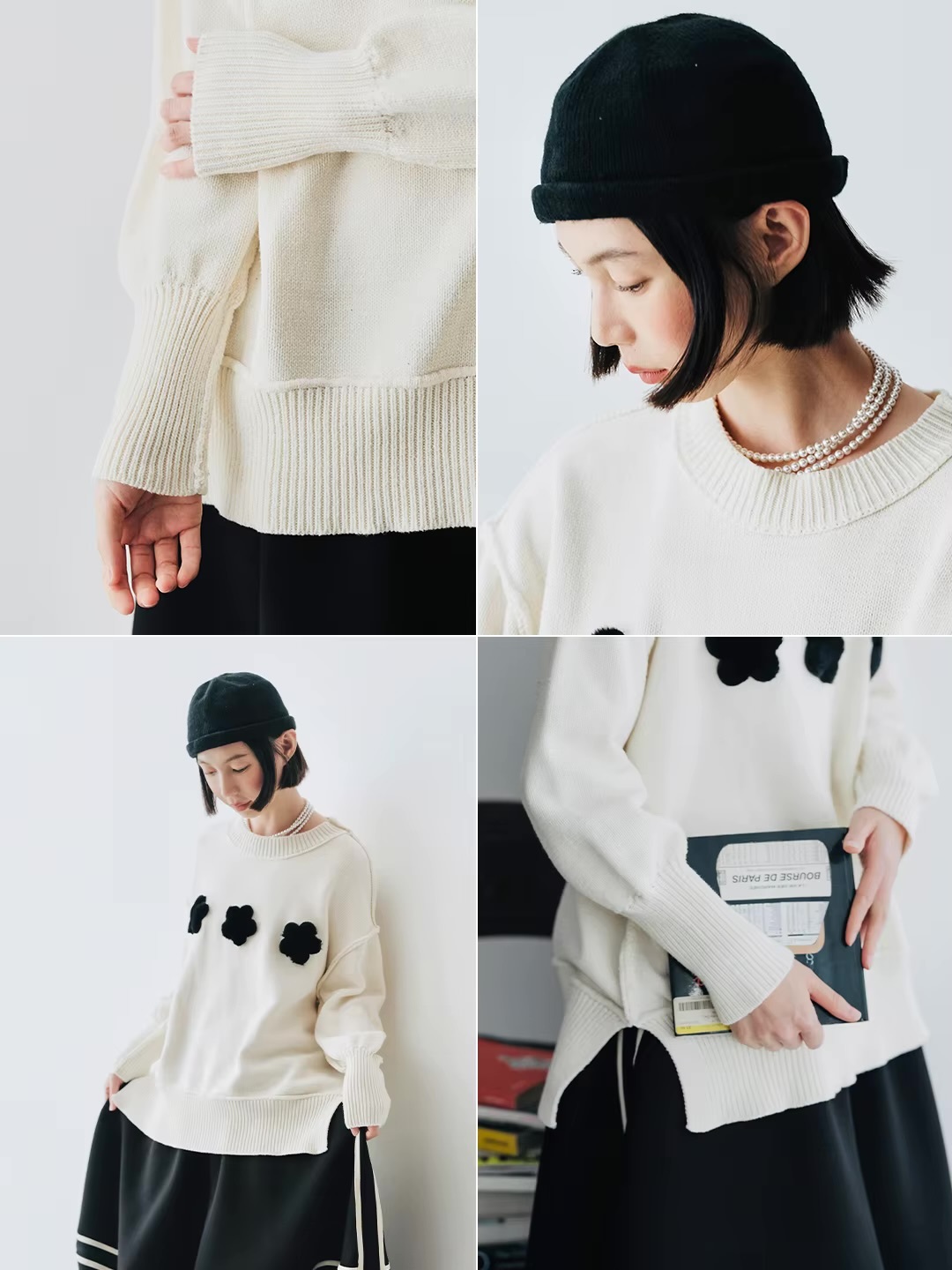 Japanese Plush Floral Sweater    Women’s black flower petal design versatile ribbed boatneck pullover round o-neck sweaters for woman in white Crewneck pullovers Fall autumn spring original Womens crew neck tops World’s Undefined #244796