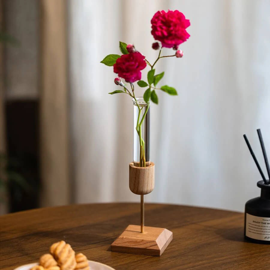 Test Tube Vase – Creative Mini Tabletop Decor Transparent glass with wood for Fresh, Dried Flowers Hydroponic vases