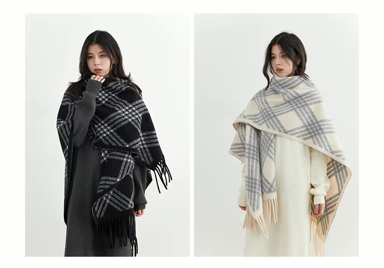 Women’s womens Casual Fall Autumn Winter loose classic Vintage style Long checkered tassels plaid shawl scarf check scarves in black with Gray grey white stripes, white with Gray grey accent color
