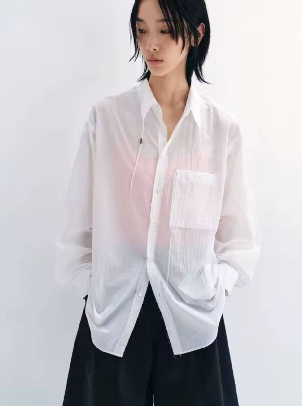Women’s woman womens office wfh workwear Textured Thin Cotton Tassel V8968 Loose Fit Long sleeves Turn-down point Collar chest pocket tailored sheer see through Mid-length shirts in white