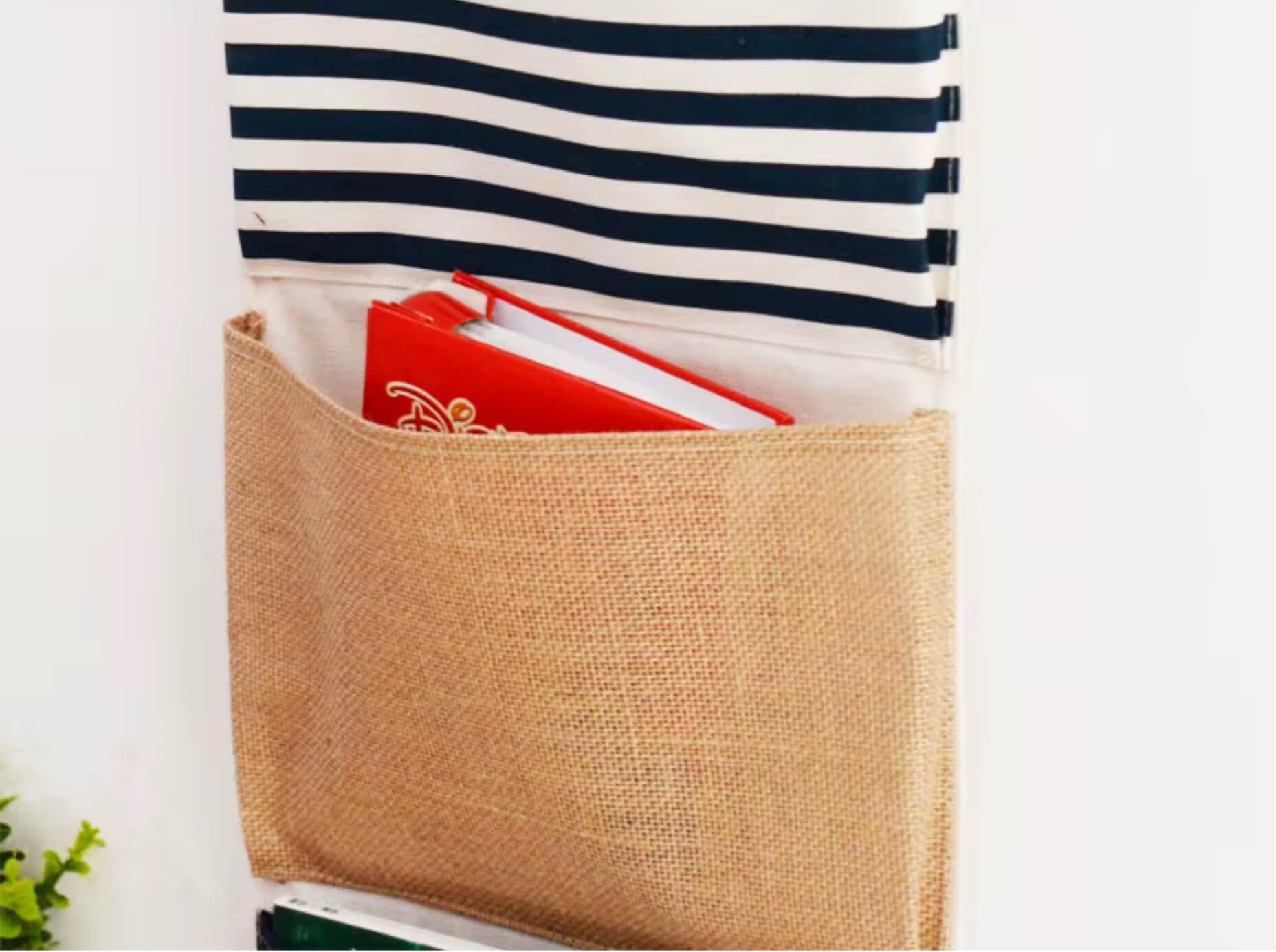 Multi-Function Wall Hanging Storage Bag  Cotton fabric pouch striped splicing closet door sundries organizers Home 3 Large Pockets Sundry Wall Bags pouches in white with blue red stripes, wooden hang bar and hang strap