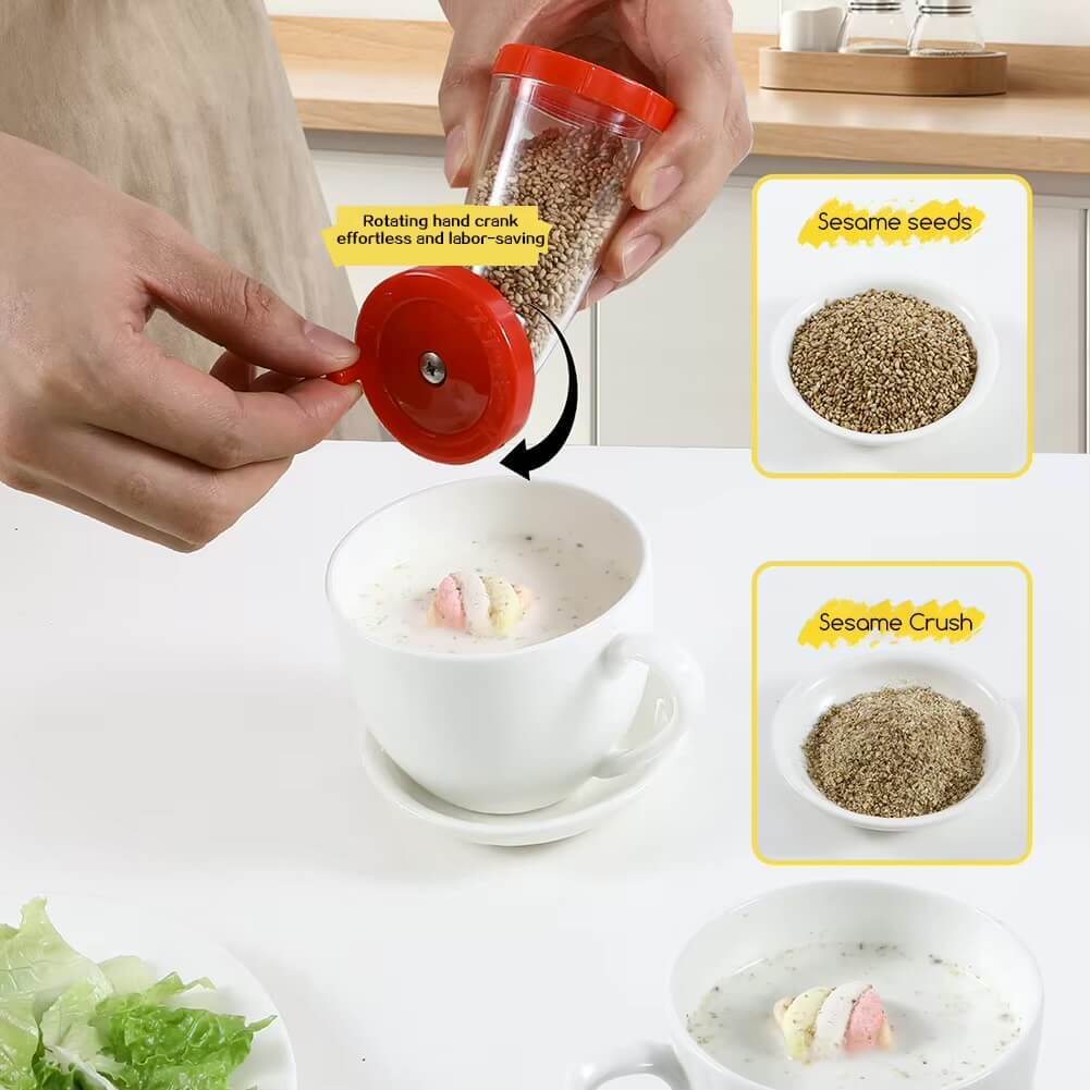 Japanese Plastic Container Sesame Seed Grinder Manual Sesame Mill Flaxseed Grinder for Rice Salads Noodles Home Kitchen Gadgets transparent with red color