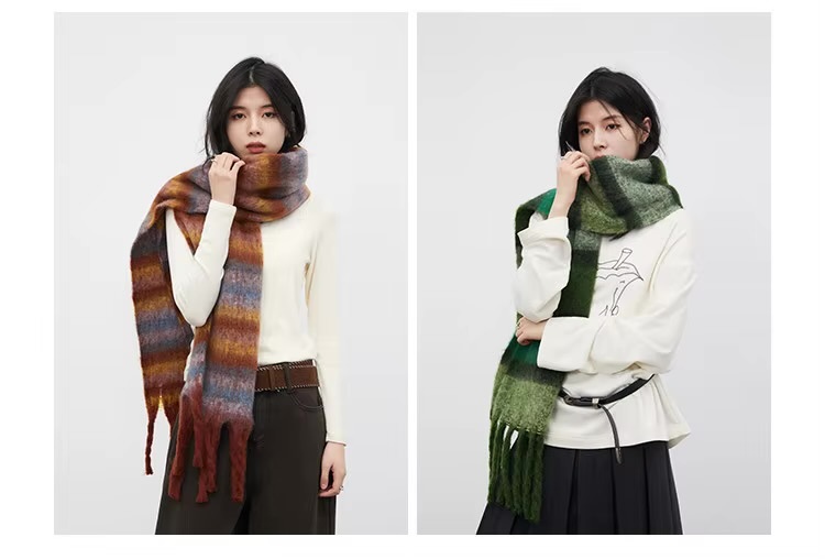 Women&rsquo;s woman womens petite-, tall-, plus-, size office commute workwear alternate aesthetic luxury Casual Fall Autumn Winter cold weather accessory long striped tassel scarf weather Scarves accessories in orange-, green-, with multi color contrast