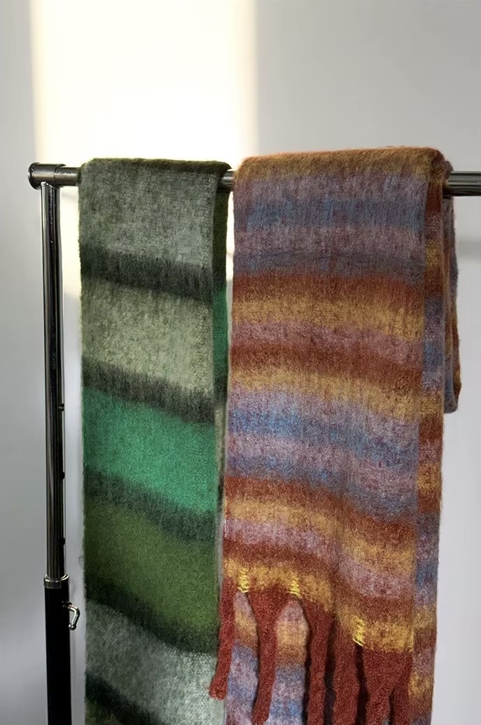 Women&rsquo;s woman womens petite-, tall-, plus-, size office commute workwear alternate aesthetic luxury Casual Fall Autumn Winter cold weather accessory long striped tassel scarf weather Scarves accessories in green-, orange-, with multi color contrast