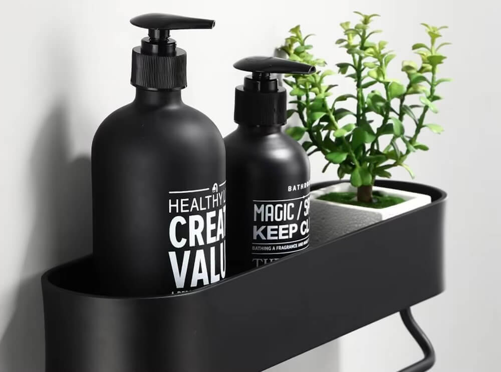 Shelf Basket 30/40/50cm  Black aluminum metal Bathroom Shower baskets Kitchen sundries accessory racks with towel bar Cosmetics wall shelves home storage accessories