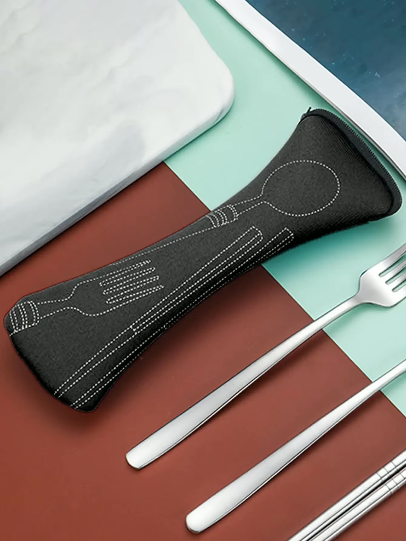 Cutlery Pouch     1PC Tableware bag, Fabric portable dinner set travel picnic Fork packaging Outdoor camping Kitchen Home storage bags (only Bag) pouches with zipper close in black with white graphic flatware design