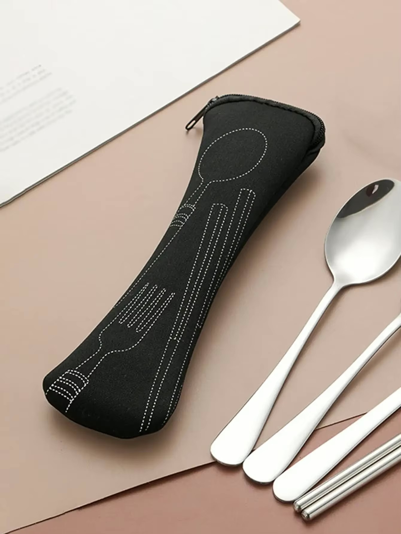 Cutlery Pouch     1PC Tableware bag, Fabric portable dinner set travel picnic Fork packaging Outdoor camping Kitchen Home storage bags (only Bag) pouches with zipper close in black with white graphic flatware design