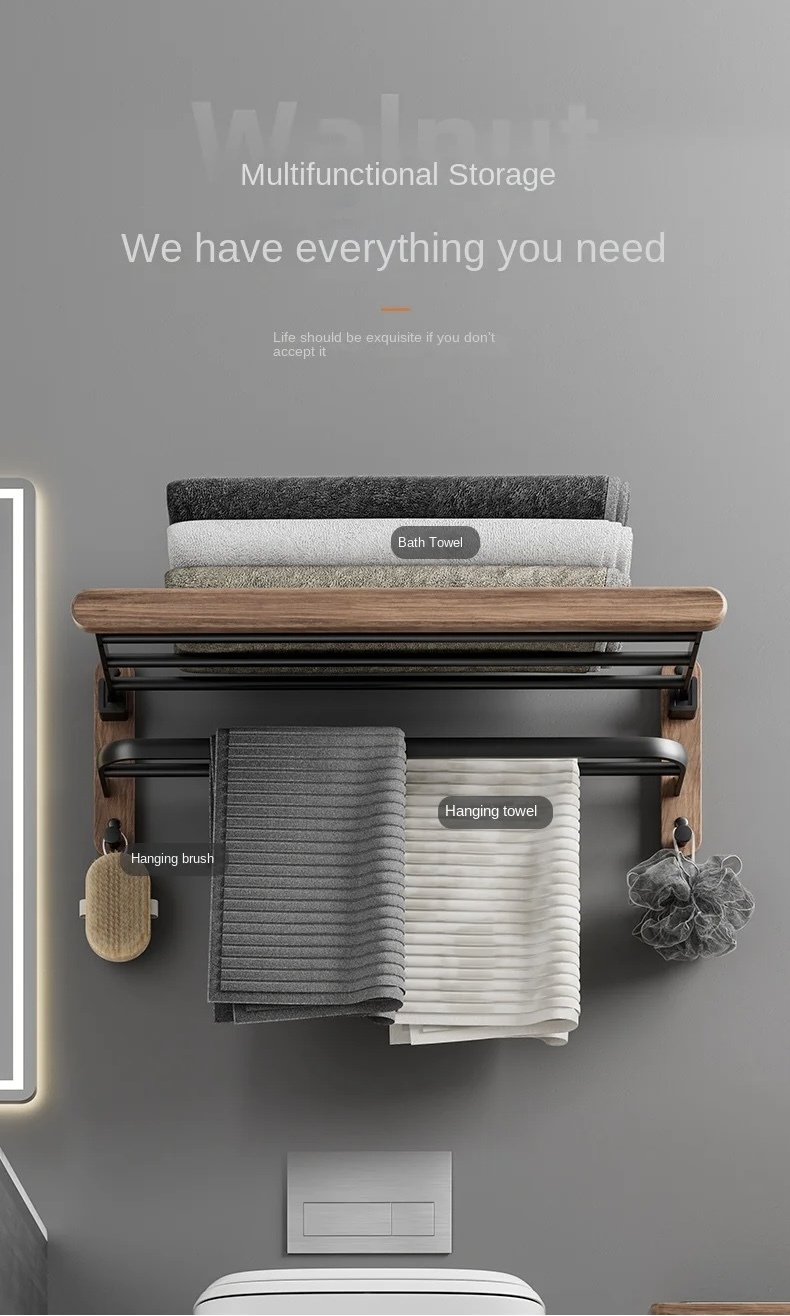 Wood Bathroom Towel Shelves，C.R. perforated adjustable stowaway hanging toilet wooden walnut and aviation aluminum washroom shelves, rails and clothes accessories hooks, wall mounted towels racks home decor restroom furniture accessory in black