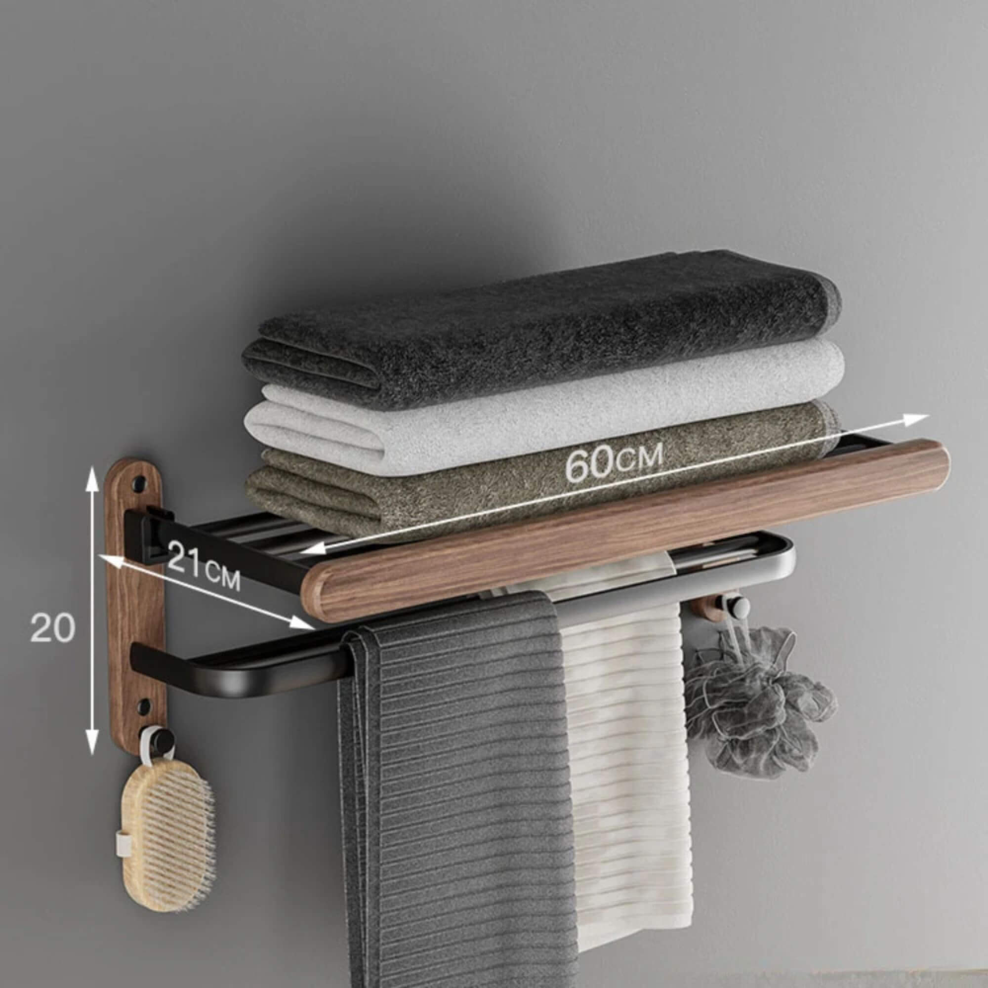 Wood Bathroom Towel Shelves，C.R. perforated adjustable stowaway hanging toilet wooden walnut and aviation aluminum washroom shelves, rails and clothes accessories hooks, wall mounted towels racks home decor restroom furniture accessory in black installation information 