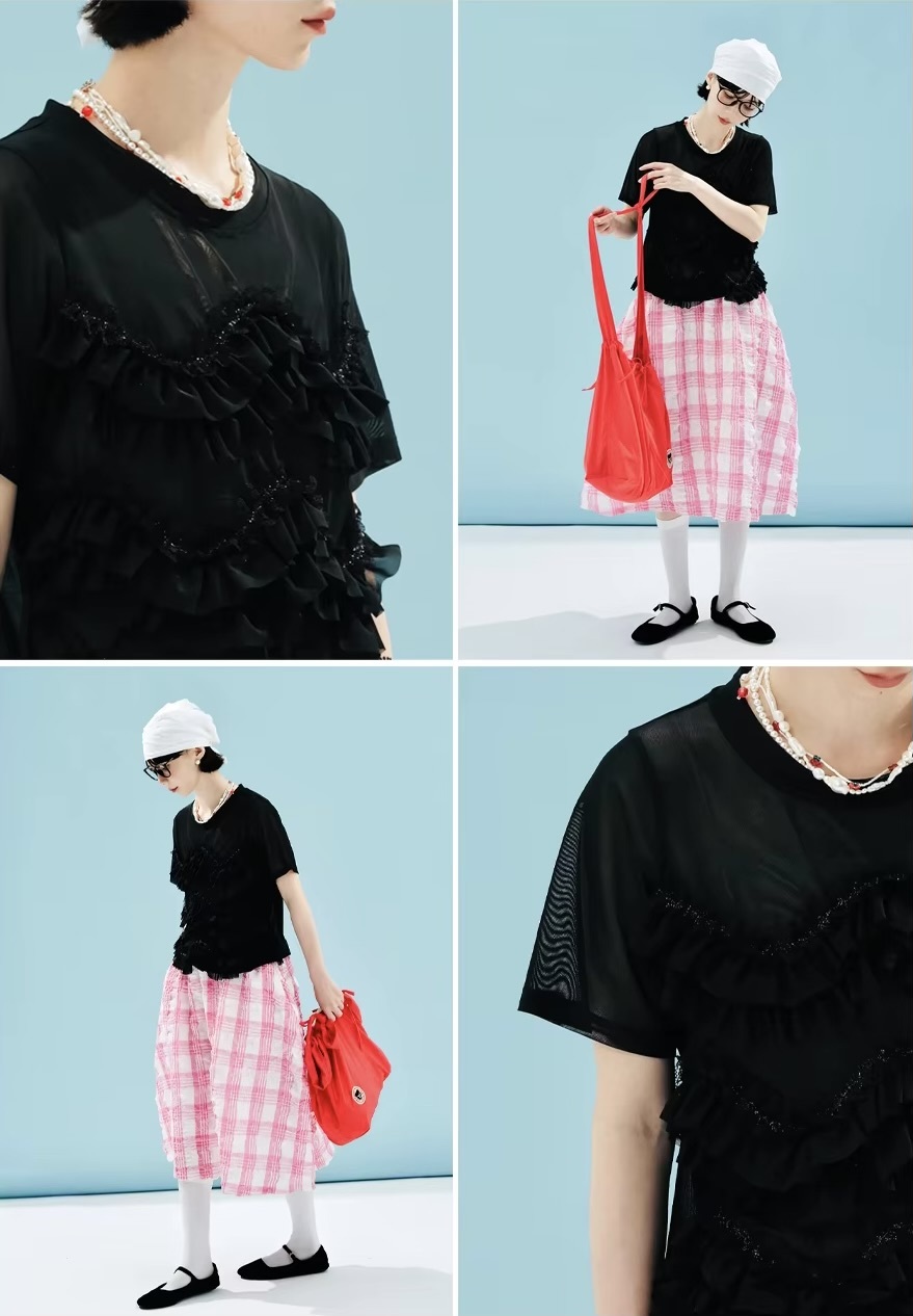 Mesh Lace T-Shirt    Women’s cool stretch mesh lace ruffles 3D round crewneck short sleeves T-shirts for woman in black womens Worlds summer original crew neck ruffled fashion style World’s Collide O-neck Tops #244586