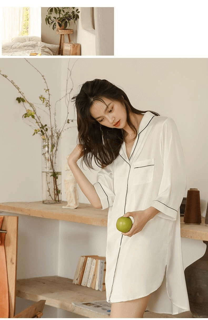 PJ Shirtdress    Women‘s pajama Sleepshirts Comfortable Summer Simple Loose womens plus size sleepshirt Turn-down Collar Elegant Solid Leisure Trendy Design Pocket Shirts Sleepwear for woman in white