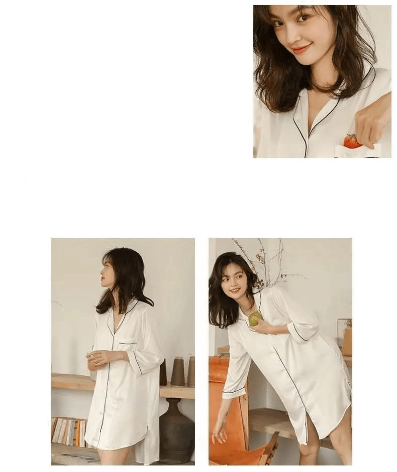 PJ Shirtdress    Women‘s pajama Sleepshirts Comfortable Summer Simple Loose womens plus size sleepshirt Turn-down Collar Elegant Solid Leisure Trendy Design Pocket Shirts Sleepwear for woman in white