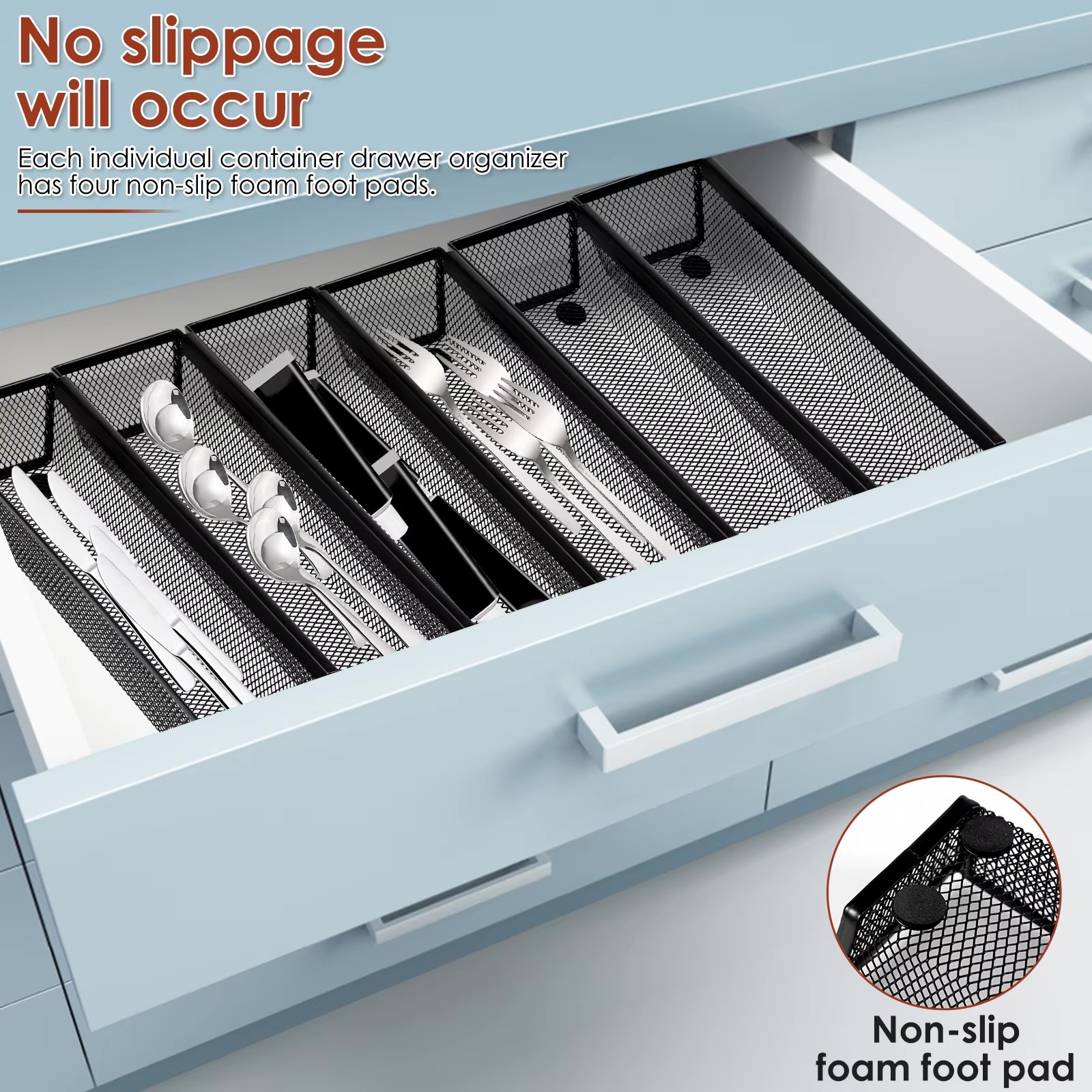 Metal Drawer Organizer 6-Piece     6Pcs Mesh silverware utensil drawers organizers with Interlocking arm for Kitchen flatware fork spoon knife Study room sundries Office supplies organization