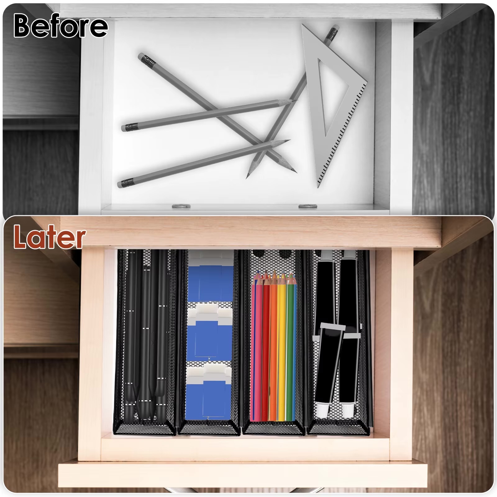 Metal Drawer Organizer 6-Piece     6Pcs Mesh silverware utensil drawers organizers with Interlocking arm for Kitchen flatware fork spoon knife Study room sundries Office supplies organization in black