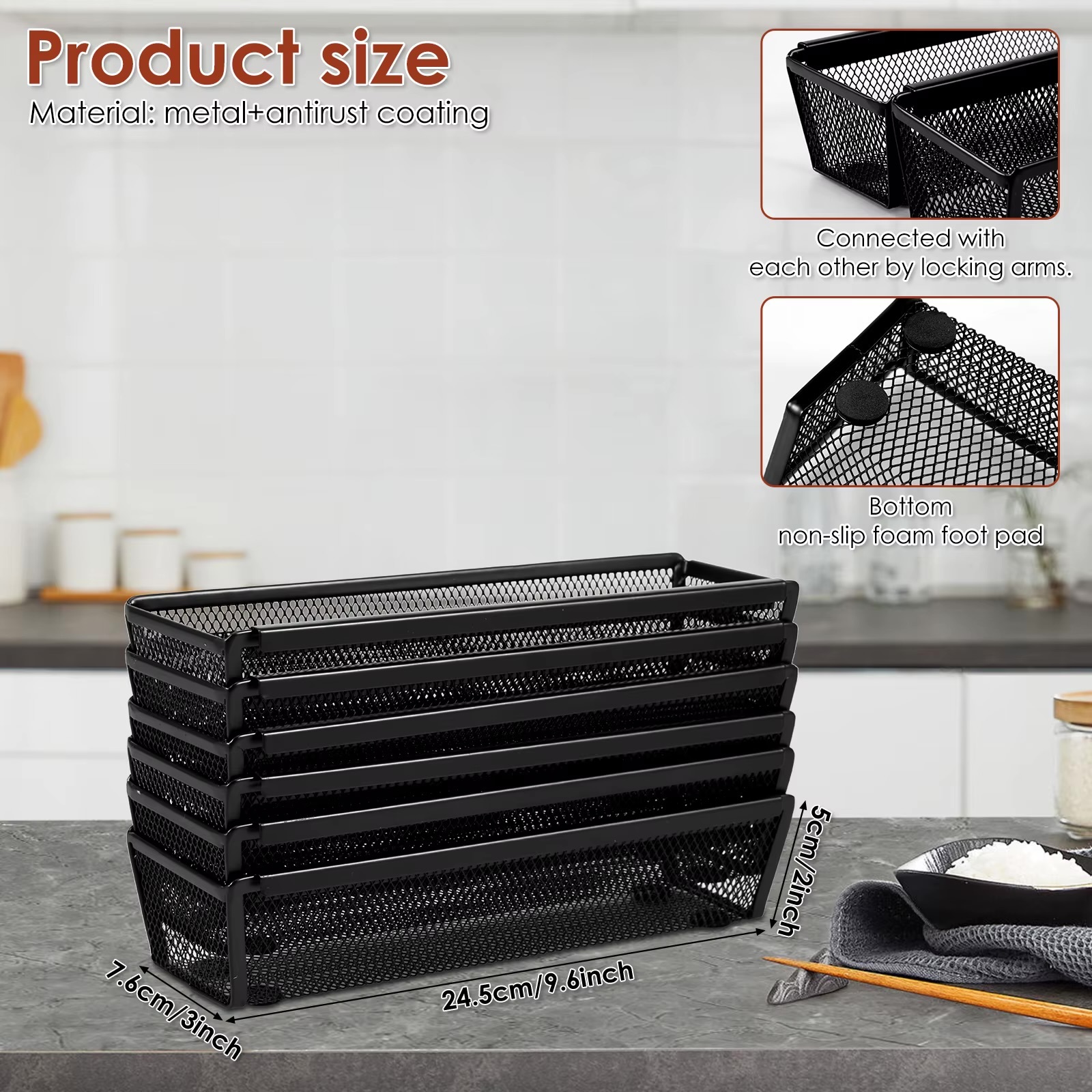 Metal Drawer Organizer 6-Piece     6Pcs Mesh silverware utensil drawers organizers with Interlocking arm for Kitchen flatware fork spoon knife Study room sundries Office supplies organization in black
