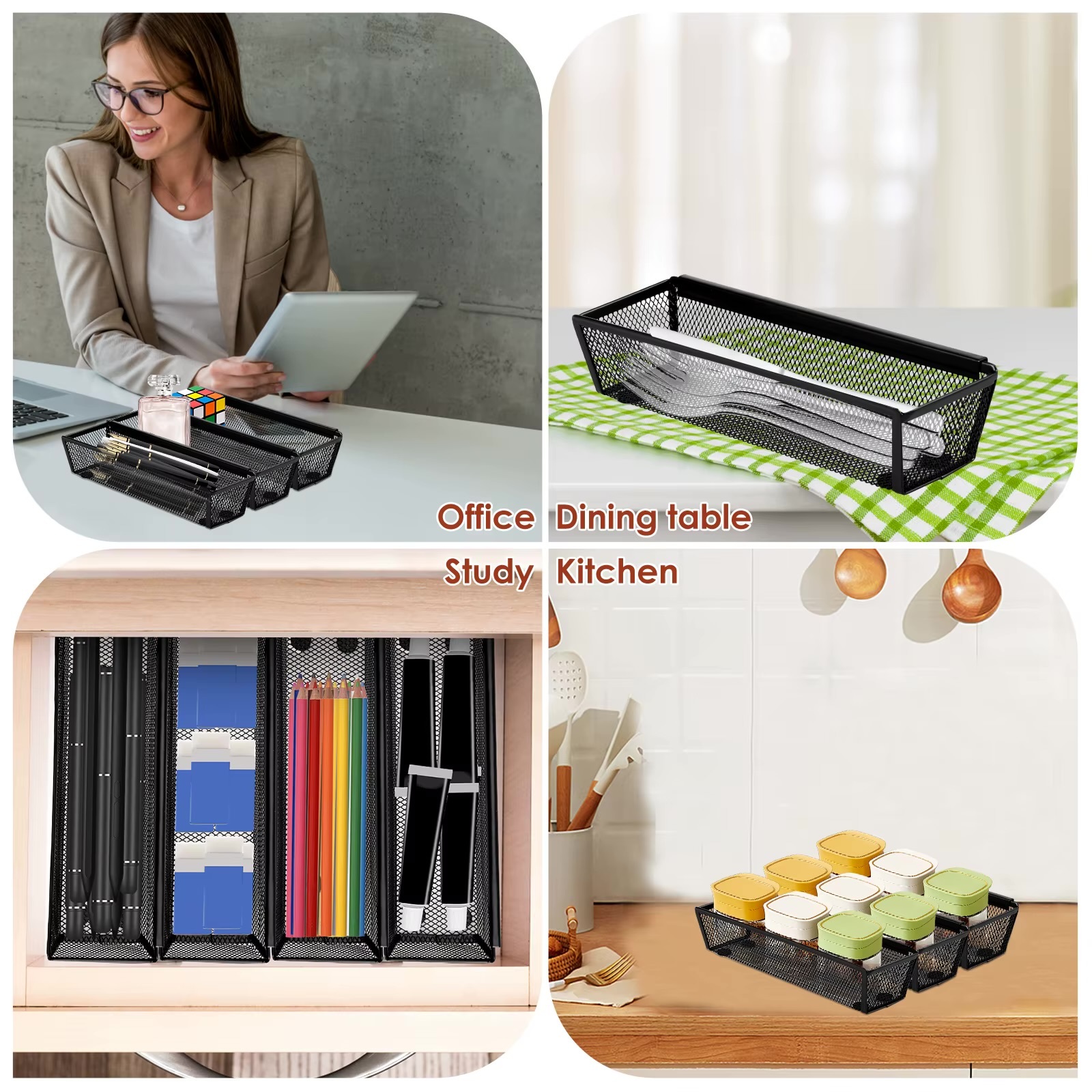 Metal Drawer Organizer 6-Piece     6Pcs Mesh silverware utensil drawers organizers with Interlocking arm for Kitchen flatware fork spoon knife Study room sundries Office supplies organization in black