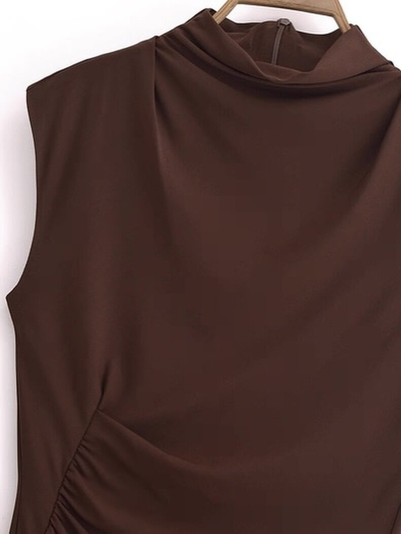 Spring Women's woman womens petite-, tall-, plus-, size Long Knitted Vest sleeveless Stand mandarin Collar H-Line Polyester Fiber Commute wfh office party wear ruched midi dresses in brown