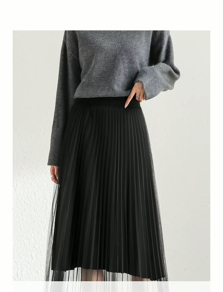 High-Rise Pleated Skirt     Women’s Fall Autumn Winter A-line high rise waist long skirts for woman Patchwork layered mesh plus size womens fashion in black #W44Q56969