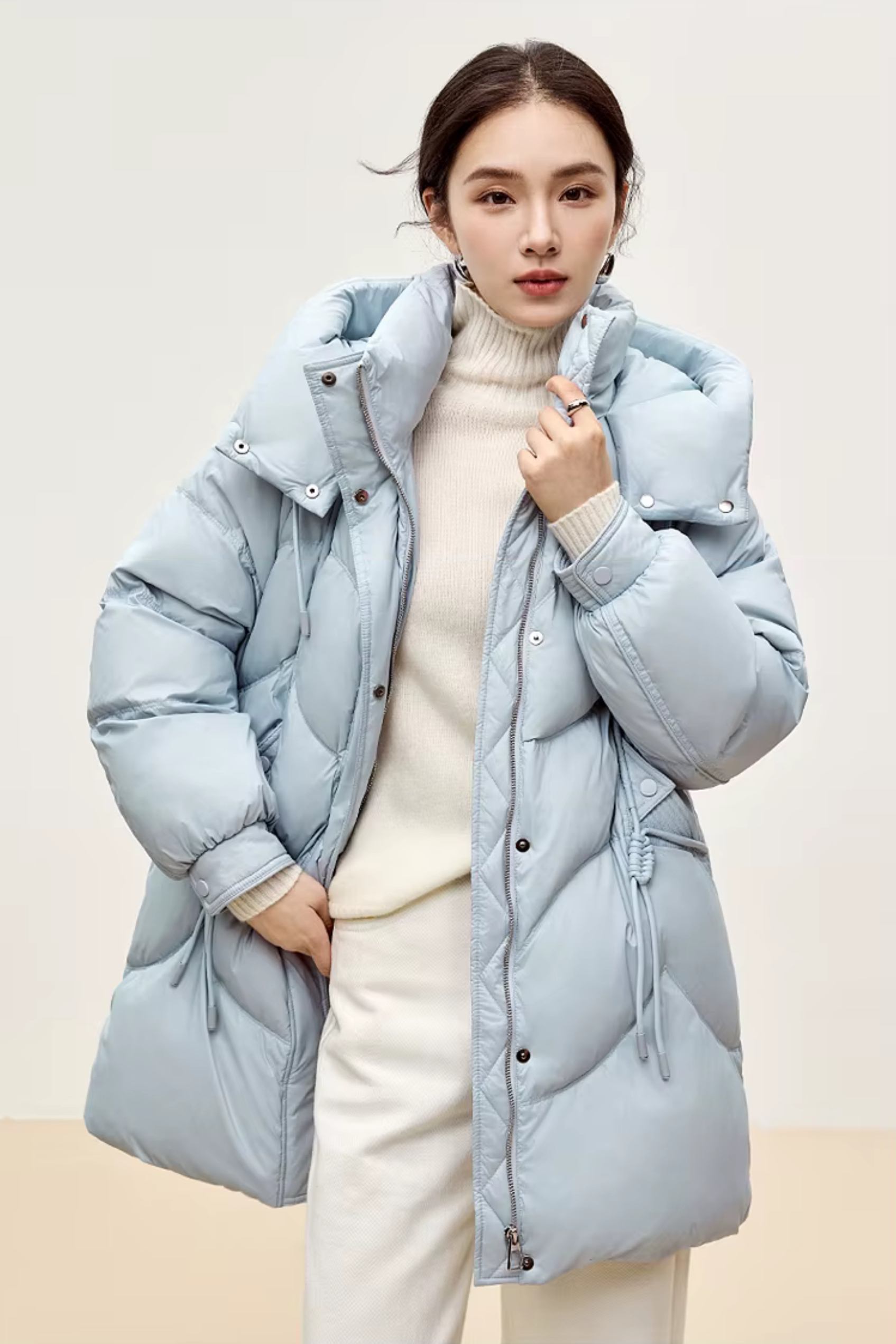 Duck Down Puffer Jacket    Women’s Fall Autumn Winter thick stand neck collar long 90% white-down coats for woman Long sleeves patch pockets Jackets Womens outerwear in light sky blue #W44Y56274