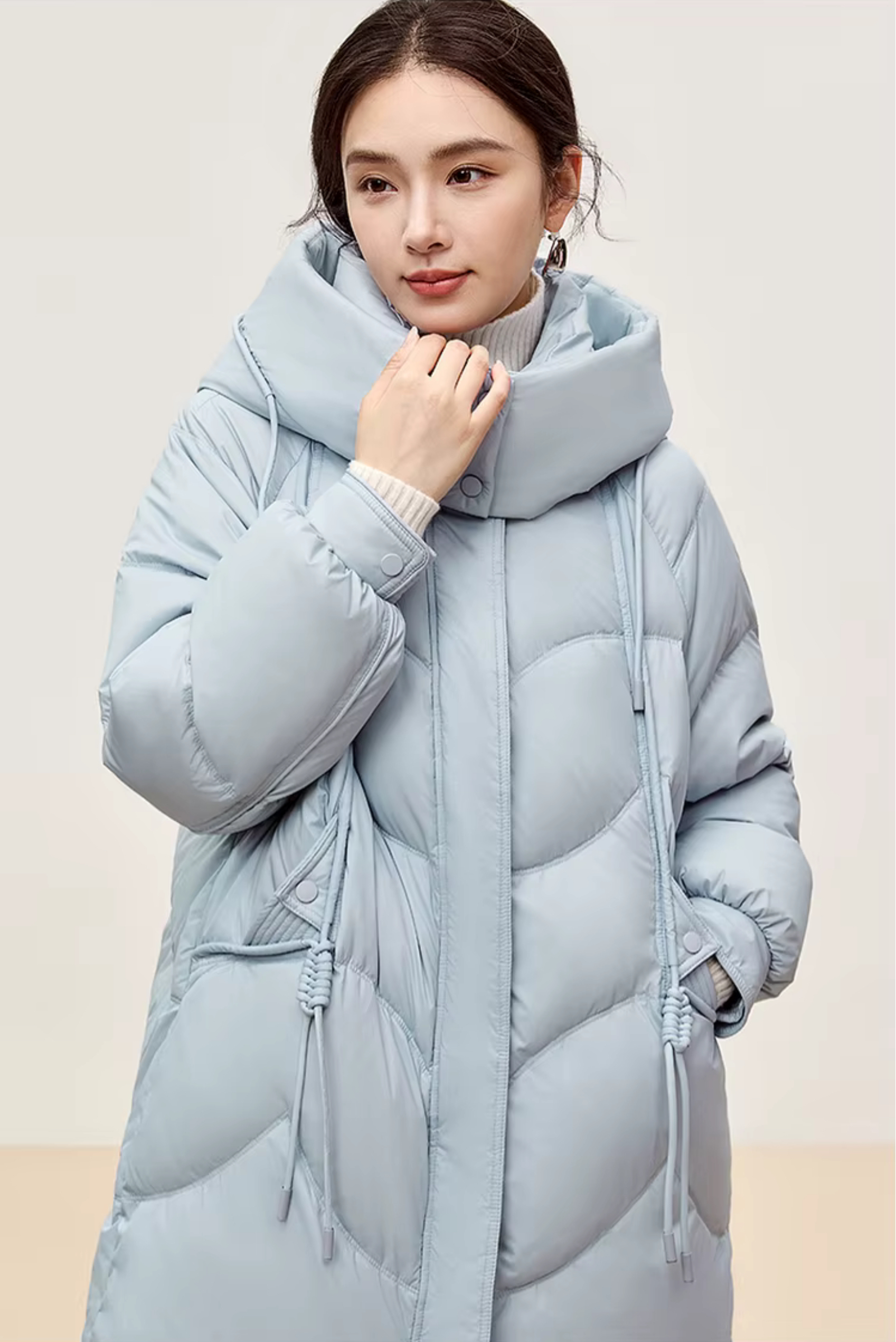Duck Down Puffer Jacket    Women’s Fall Autumn Winter thick stand neck collar long 90% white-down coats for woman Long sleeves patch pockets Jackets Womens outerwear in light sky blue #W44Y56274