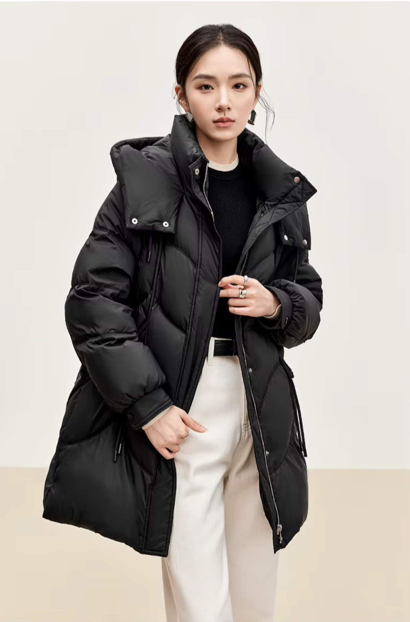 Duck Down Puffer Jacket    Women’s Fall Autumn Winter thick stand neck collar long 90% white-down coats for woman Long sleeves patch pockets Jackets Womens outerwear in black #W44Y56274