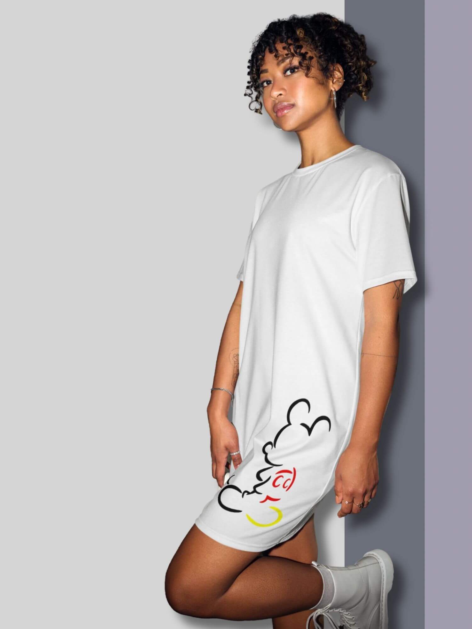 Illustrated T-shirt Dress  Women’s crewneck relaxed straight fit above knee short sleeves Disney Mickey Mouse profile in black red yellow at bottom front with glove on middle right back T-Shirts for woman in white Womens round crew neck petite-, tall-, plus-, size O-neck PJ Loungewear Tees