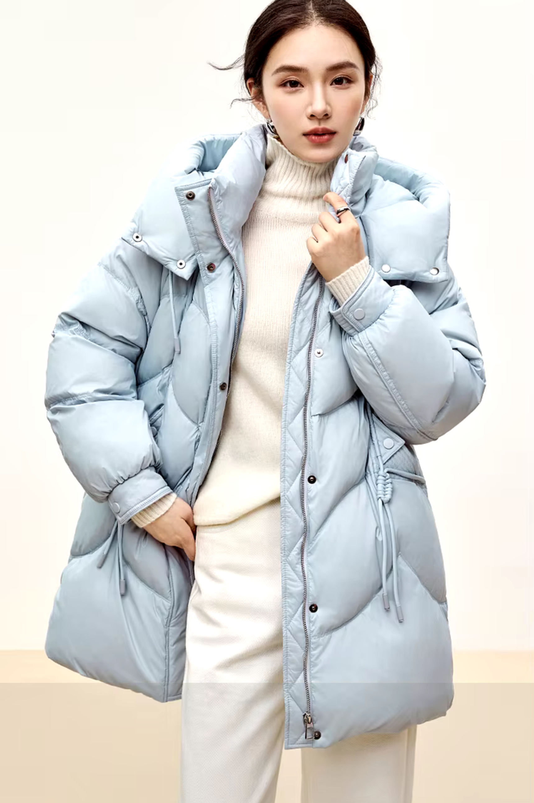 Duck Down Puffer Jacket    Women’s Fall Autumn Winter thick stand neck collar long 90% white-down coats for woman Long sleeves patch pockets Jackets Womens outerwear in light sky blue #W44Y56274