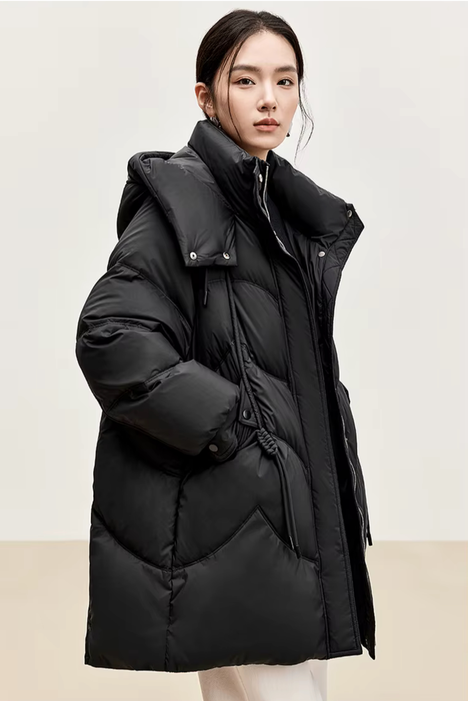 Duck Down Puffer Jacket    Women’s Fall Autumn Winter thick stand neck collar long 90% white-down coats for woman Long sleeves patch pockets Jackets Womens outerwear in black #W44Y56274