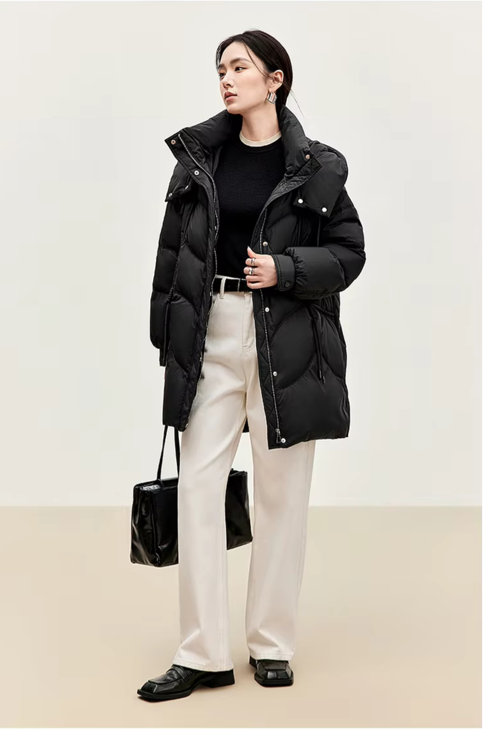 Duck Down Puffer Jacket    Women’s Fall Autumn Winter thick stand neck collar long 90% white-down coats for woman Long sleeves patch pockets Jackets Womens outerwear in black #W44Y56274