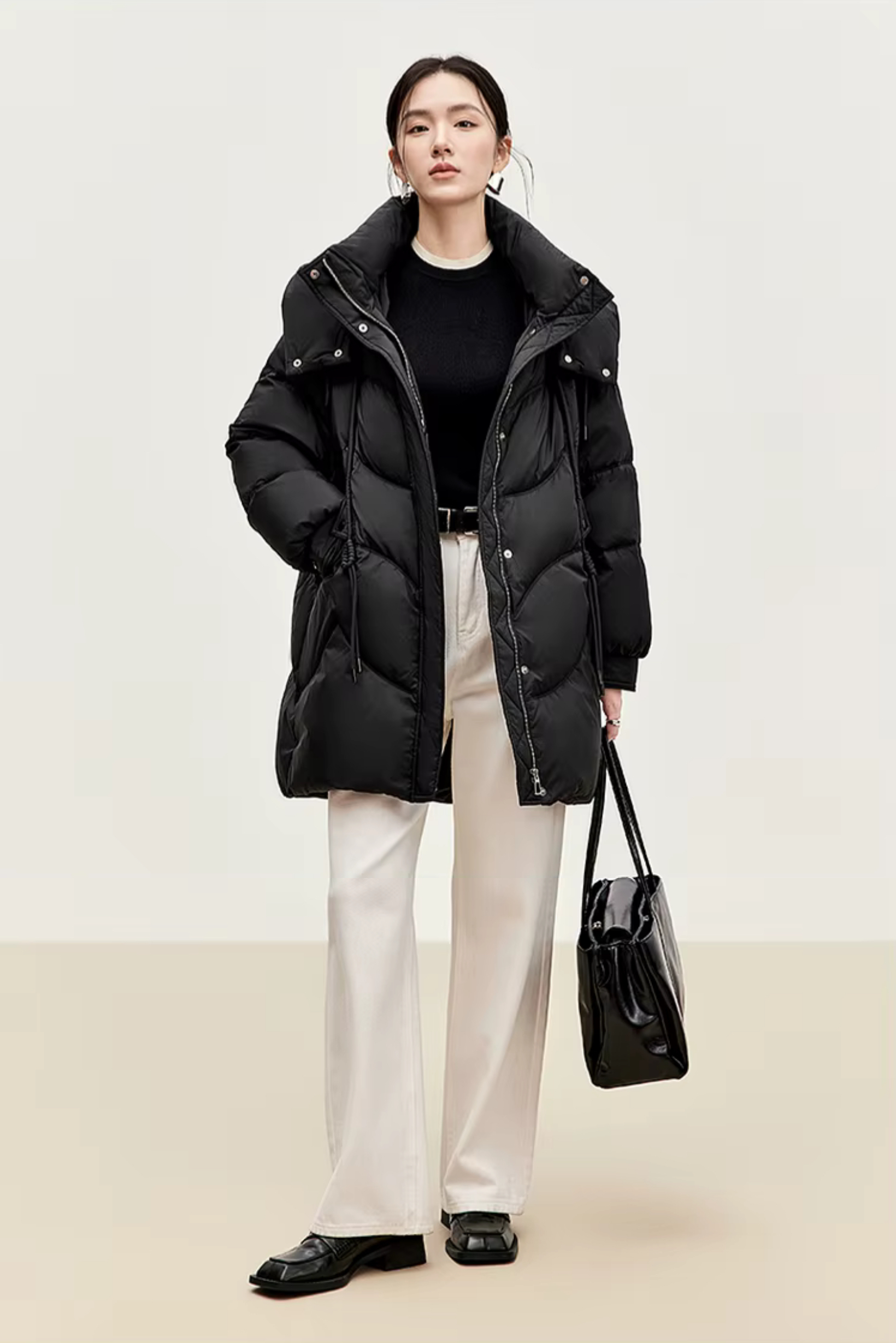 Duck Down Puffer Jacket    Women’s Fall Autumn Winter thick stand neck collar long 90% white-down coats for woman Long sleeves patch pockets Jackets Womens outerwear in black #W44Y56274