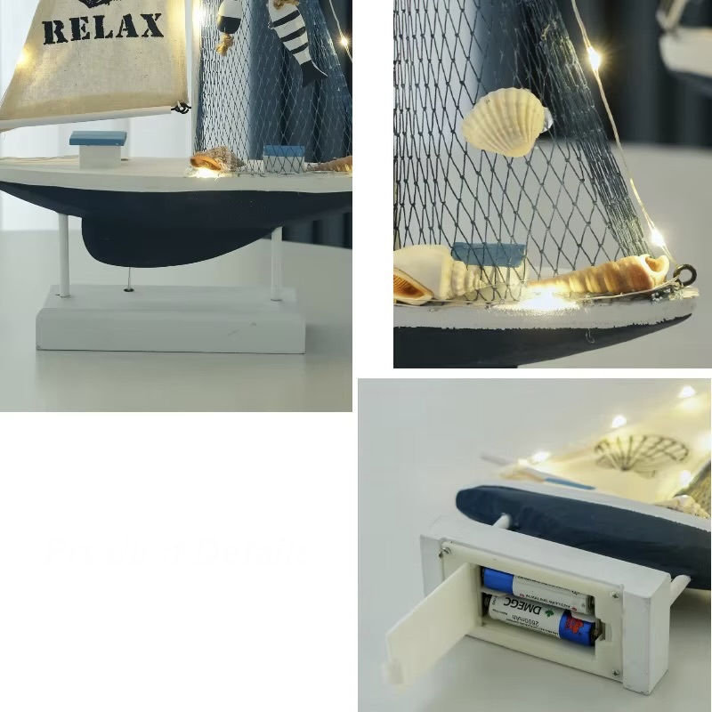 Indoor Outdoor Garden Nautical Themed Retro Mediterranean Style Wooden LED fairy lights Sailboat sailing Boat Model Creative Ocean Style Desktop Ornament Crafts Small Boat Home Decor Gifting ideas in deep dark-, light-, blue, with white multi color