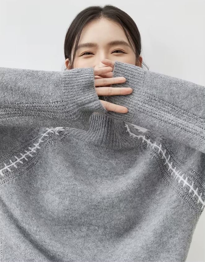 Wool Spliced Sweater   Knitted Women’s Winter wfh workwear loose fit ribbed stand neck collar long sleeves with accent stitch weave and rib cuffs Comfort Tops  for woman in Gray Womens woolen mockneck rib sweaters in grey #W44E57282
