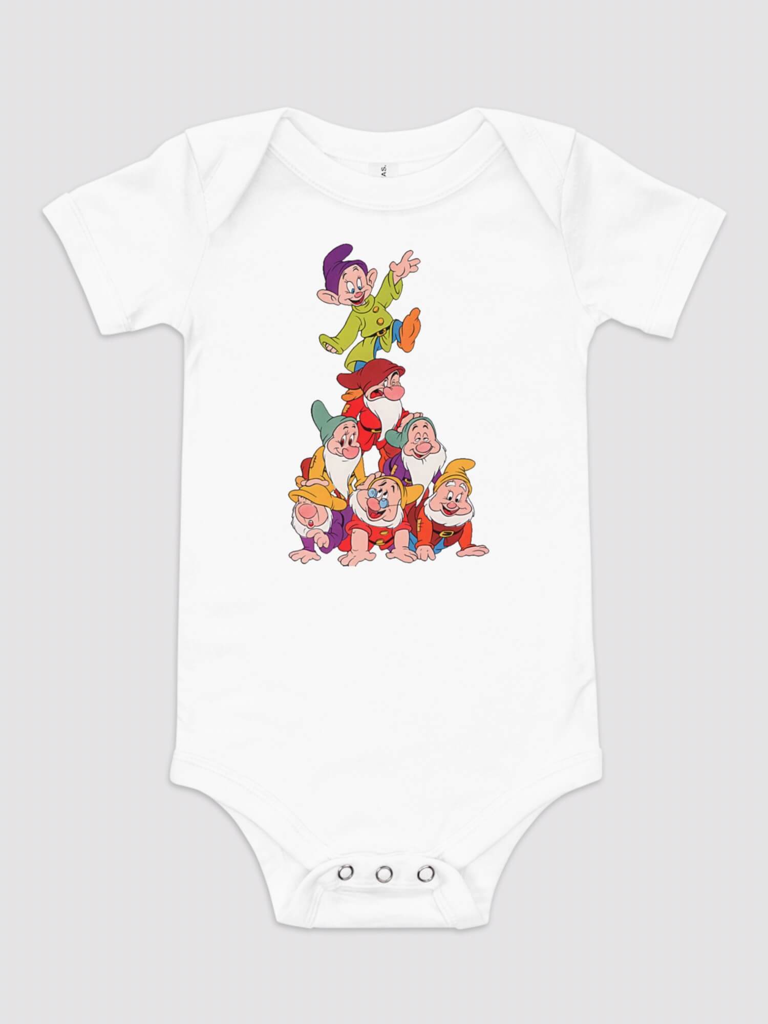 Baby Print One Piece    Bella + Canvas Genderful vegan Unisex boys girls  100% Cotton Linen  Disney The Seven Dwarfs from Snow White cartoon animal short sleeves crewneck envelope neckline round o-neck three (3) button inseam snaps bottom closure one piece outfit in white with multi color Babies crew neck bodysuits outfits