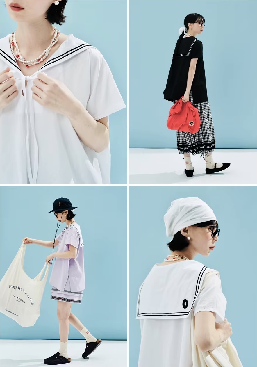 Sailor Top    Women’s literary 100% cotton niche navy collar short sleeves shirts for woman in white worlds Japanese original design blouses Spring Summer womens World’s Collide #244581 also in black and lilac light purple