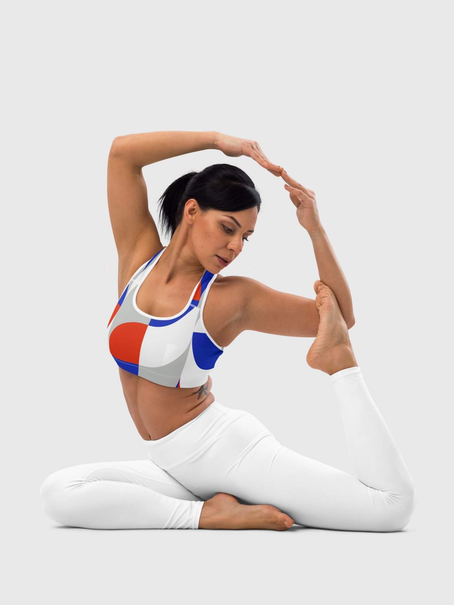 Padded Geo Sports Bra      Women’s MiteigiYūki sports gym fitness tank straps scoopneck running bras for woman in in red white blue gray grey with platinum letter on back inside label women’s yoga jogging sportswear scoop neck underwear petite-, tall-, plus-, size intimates
