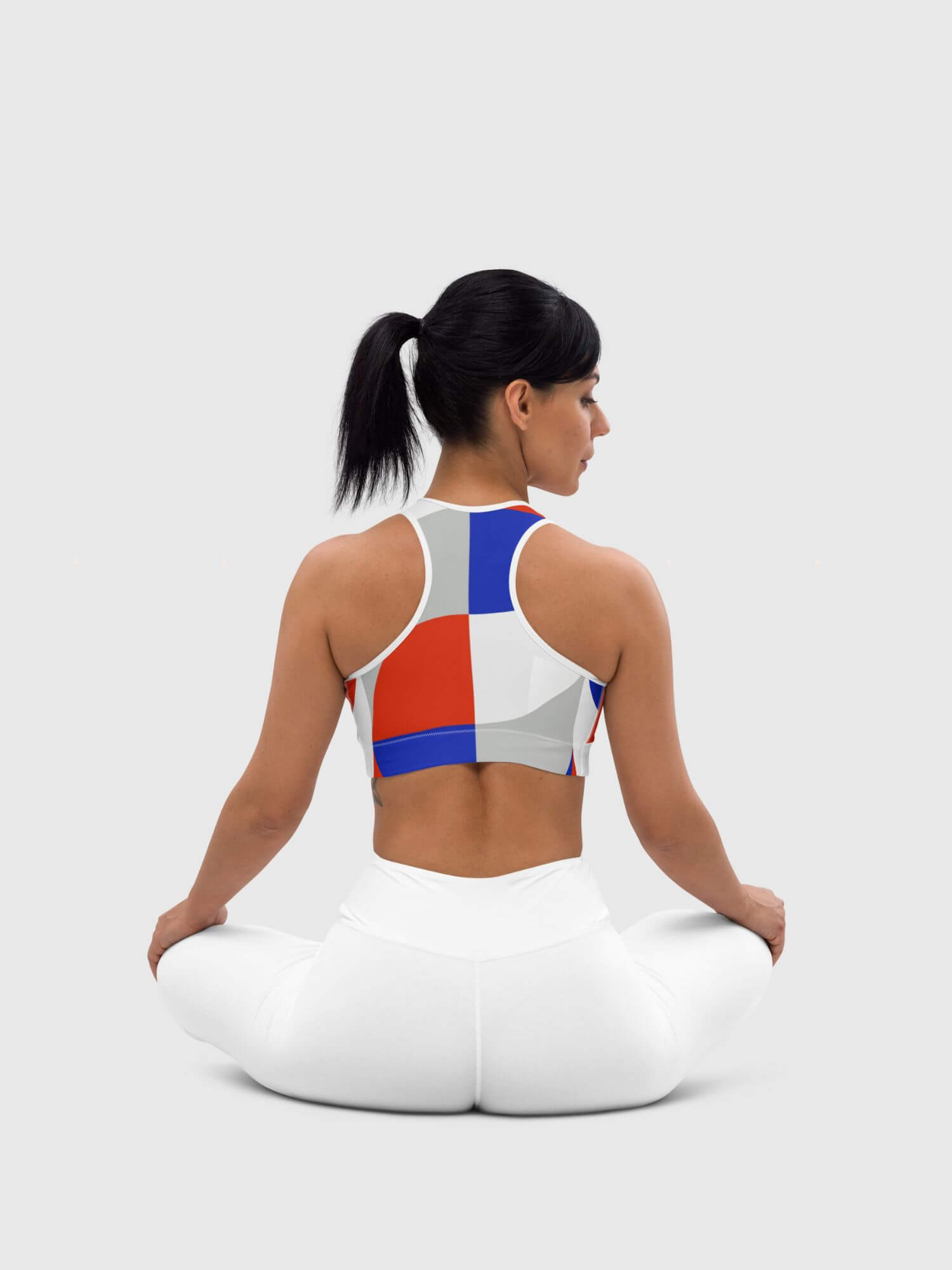 Padded Geo Sports Bra      Women’s MiteigiYūki sports gym fitness tank straps scoopneck running bras for woman in in red white blue gray grey with platinum letter on back inside label women’s yoga jogging sportswear scoop neck underwear petite-, tall-, plus-, size intimates
