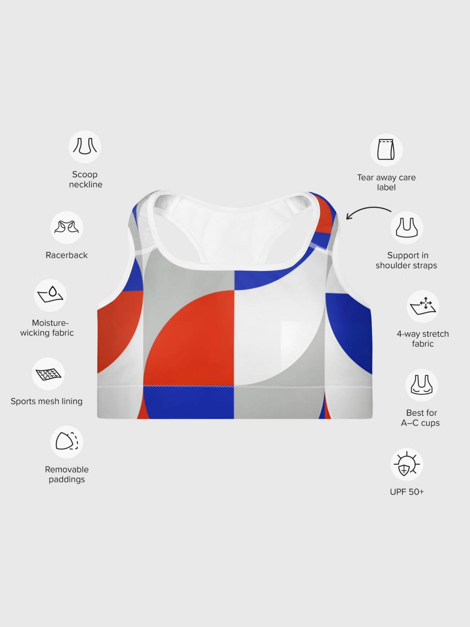 Padded Geo Sports Bra      Women’s MiteigiYūki sports gym fitness tank straps scoopneck running bras for woman in in red white blue gray grey with platinum letter on back inside label women’s yoga jogging sportswear scoop neck underwear petite-, tall-, plus-, size intimates