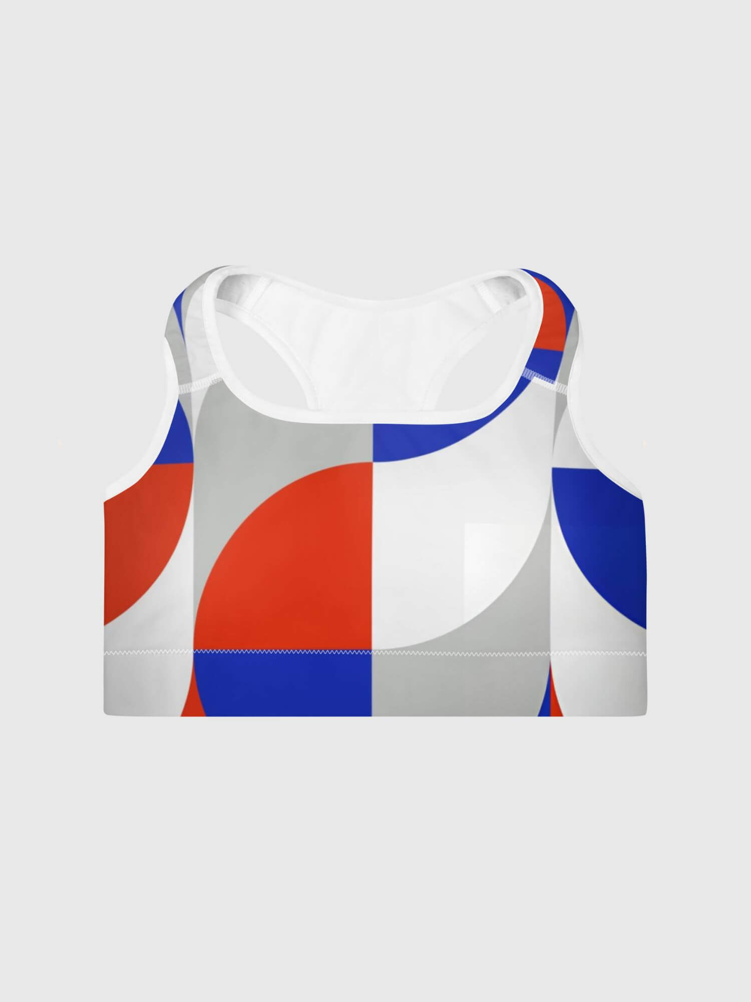Padded Geo Sports Bra      Women’s MiteigiYūki sports gym fitness tank straps scoopneck running bras for woman in in red white blue gray grey with platinum letter on back inside label women’s yoga jogging sportswear scoop neck underwear petite-, tall-, plus-, size intimates