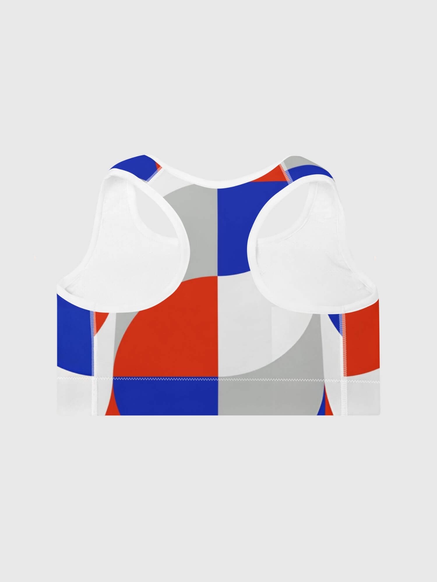Padded Geo Sports Bra      Women’s MiteigiYūki sports gym fitness tank straps scoopneck running bras for woman in in red white blue gray grey with platinum letter on back inside label women’s yoga jogging sportswear scoop neck underwear petite-, tall-, plus-, size intimates