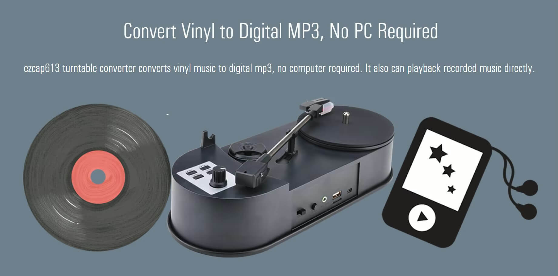 Portable Phonograph Record Player 33/45RPM Turntable Players Converter Save Vinyl Music Records to MP3 TF Card/USB Built in Speaker No Need PC in black